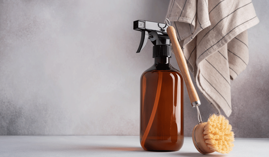 Entfernen Sie Flecken auf Kleidung mit einem umweltfreundlichen Spray, einer Naturbürste und einem hellen Tuch auf grauem, strukturiertem Hintergrund.